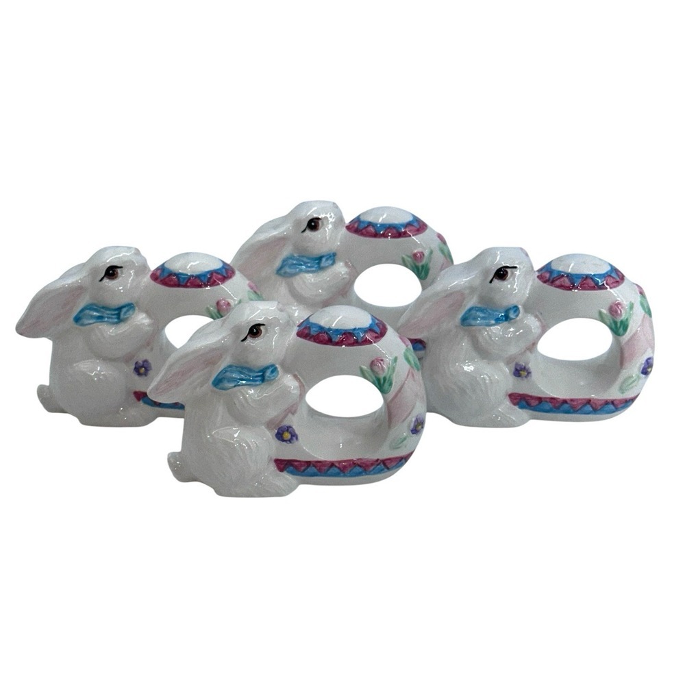 Vintage Ceramic Napkin Rings Bunny Rabbit Figurine‎ Set Of 4 White